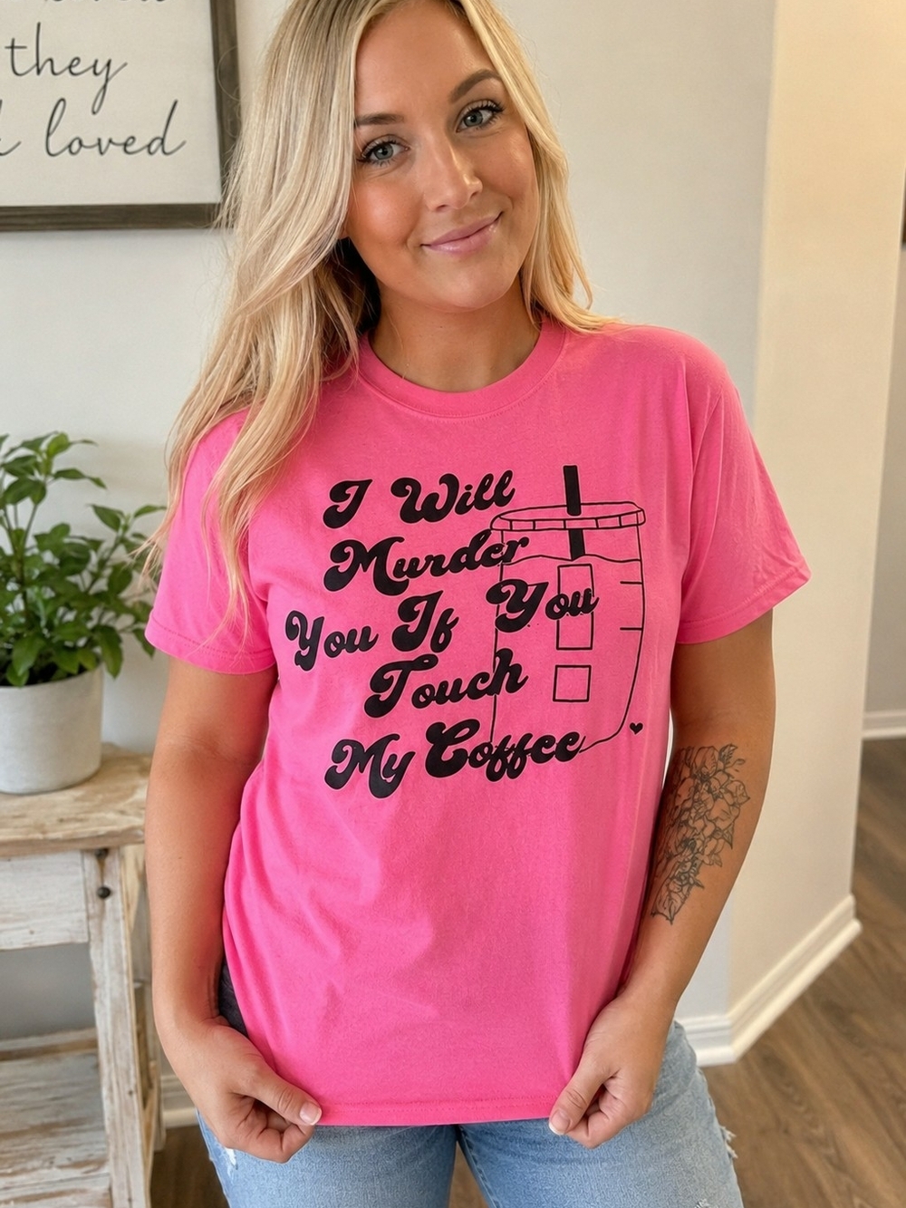 Hot Pink Cotton Graphic Tee - 'I Will Murder You If You Touch My Coffee'